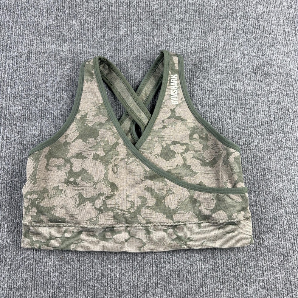 Gymshark Sports Bra Womens‎ Large Green Camo Crossback Seamless Stretch Athletic